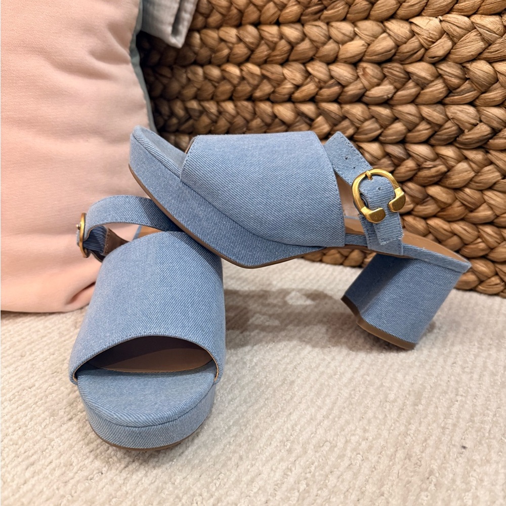 AEROSOLES Light Blue Denim Block Heel Sandals with Gold Buckle